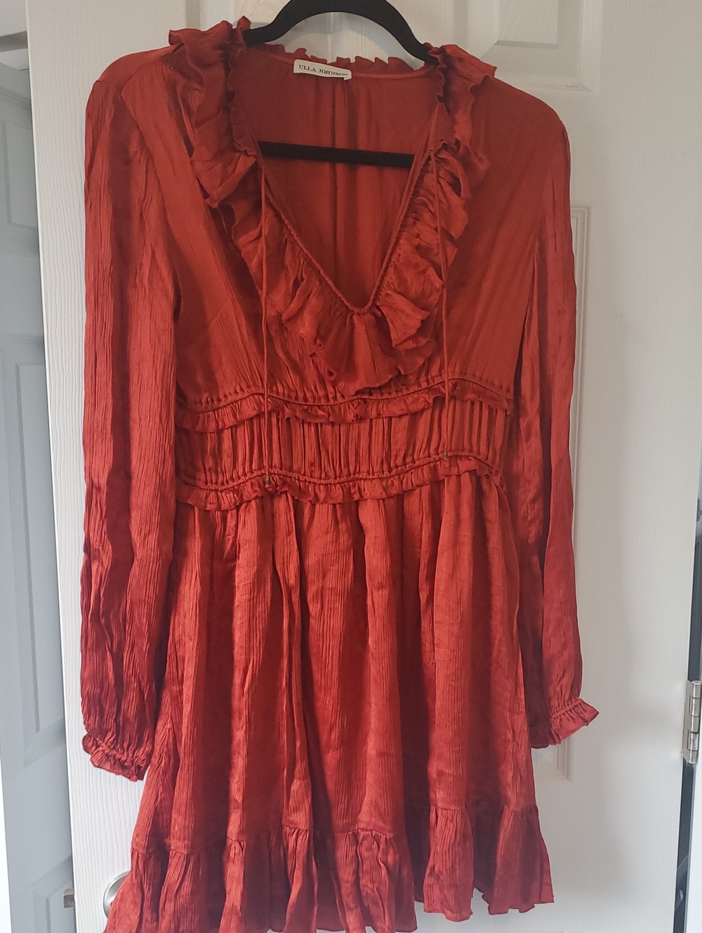 Ulla Johnson Red Rust Ruffled V-Neck Long Sleeve Tunic